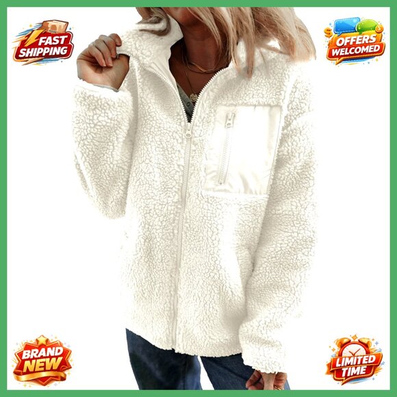 Women's Full Zipper Fleece Jacket Long Sleeve Relaxed Fit with Pockets
